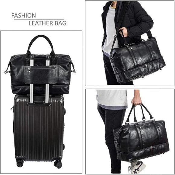 Leather Travel Bag with Shoe Pouch,Weekender Overnight Bag Waterproof PU Leather - Picture 6 of 7